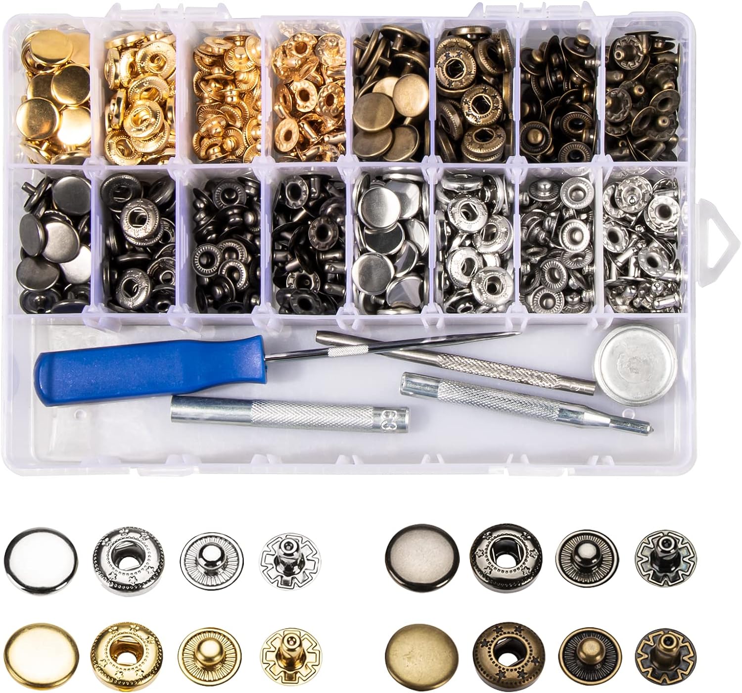230816044852149_1 164sets Leather Snaps and Fasteners Kit, 12.5mm Snap Fasteners Kit, Leather Snaps, Metal Heavy Duty Snaps with Install Tool for Leather, Clothes (Black, Gold,Silver,Bronze) - Image 1